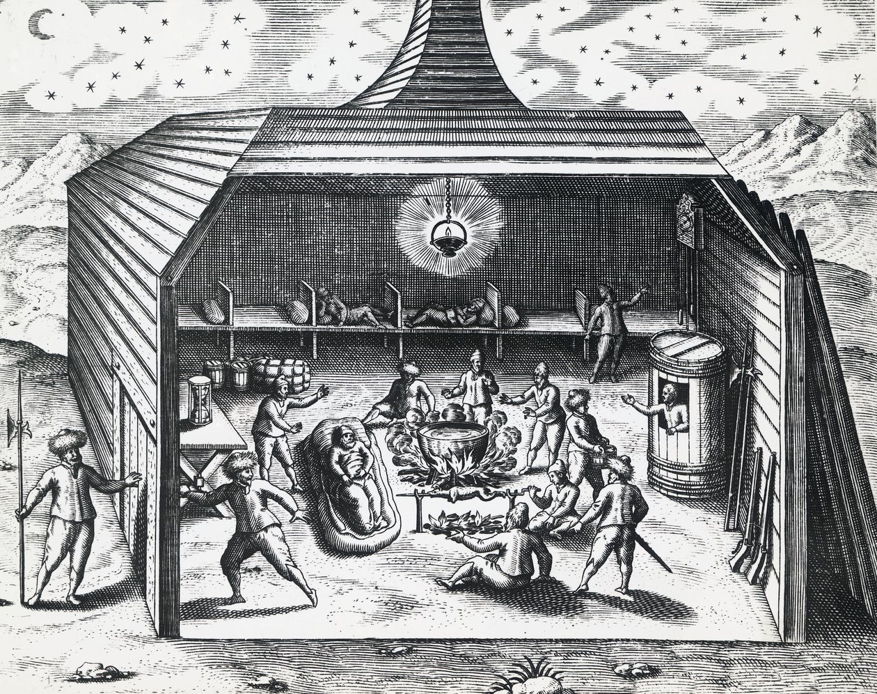 Interiör av William Barents (ca 1550-1597) vinterhem i den ryska skärgården Novaja Zemlja, av Theodor de Bry (1528-1598), gravyr av Theodore de Bry