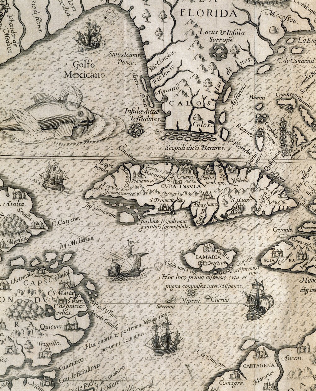 Ön Kuba, Florida och Mexikanska golfen, gravyr från History of American Grand Voyages av Theodore de Bry