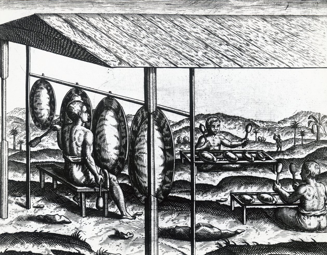 Javanesiska musikinstrument, av Theodor de Bry (1528-1598), gravyr av Theodore de Bry