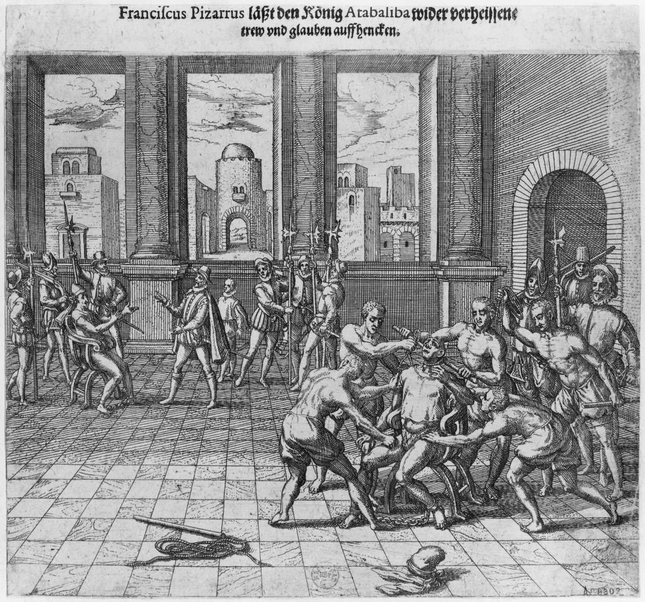 Kung Atahualpa (ca 1502-33) avrättad i Cajamarca på order av Francisco Pizarro, 1533 av Theodore de Bry