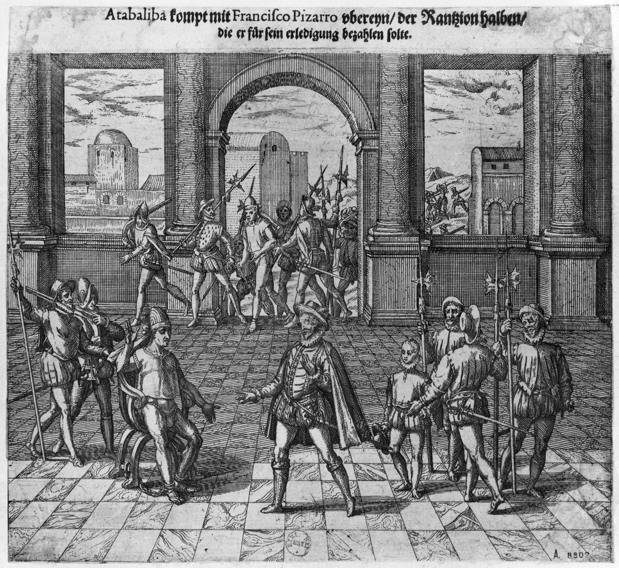 Kung Atahualpa (ca 1502-33) behandlade sin lösen med Francisco Pizarro, 1533 (gravyr) (bw foto) av Theodore de Bry
