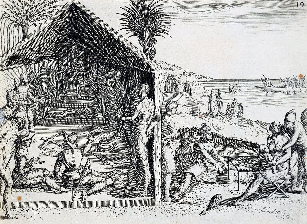 Kung som tar emot europeiska besökare, Cape Lopez, Gabon, gravyr från India orientalis av Theodor de Bry (1528-1598), Afrika av Theodore de Bry