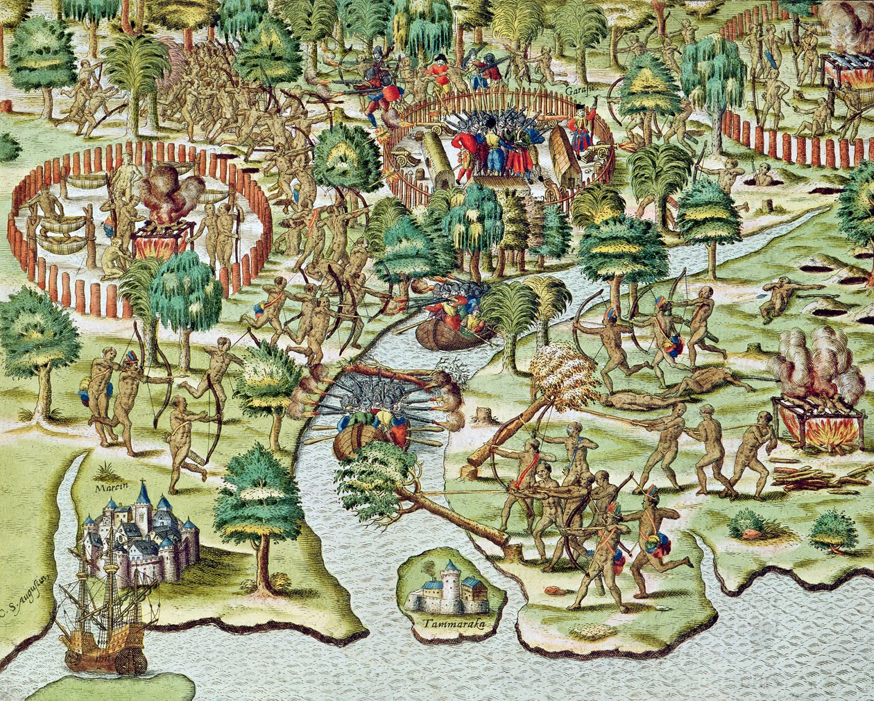 Metoder för belägring och anfall, från "Americae Tertia Pars...", 1592 av Theodore de Bry