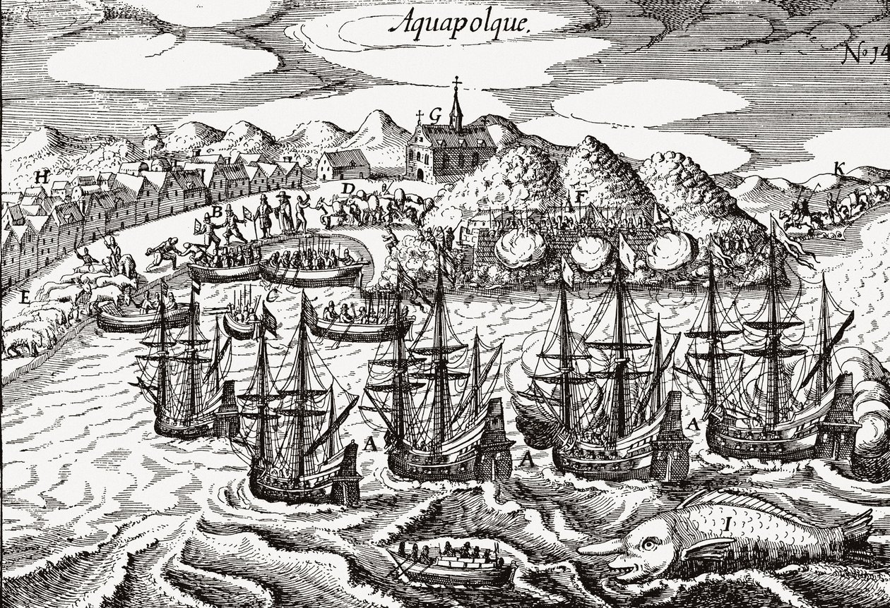 Mexiko, utsikt över Acapulco - Mexiko (Aquapolque), Theodore de Bry, ca. 1630. Tidig bild av den koloniala bosättningen i Acapulco, som spanjorerna använde som huvudhamn för sin Stillahavshandel med Filippinerna. Hamnen är fylld med galjoner och ett lar av Theodore de Bry