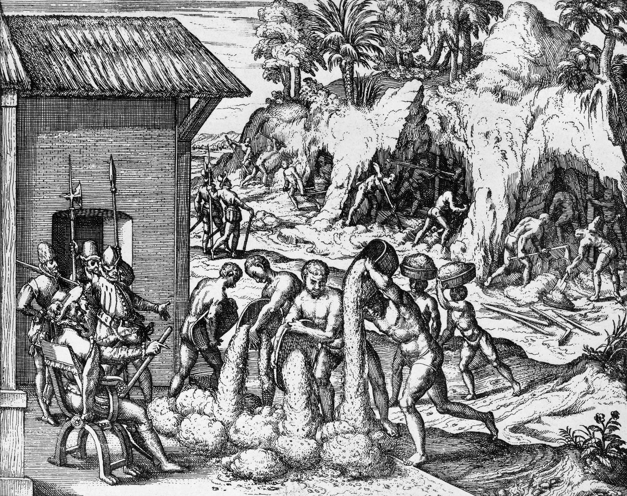 Utvinning av mineraler i Central- och Sydamerika, gravyr från Americae pars V, av Theodor de Bry (1561-1623). av Theodore de Bry