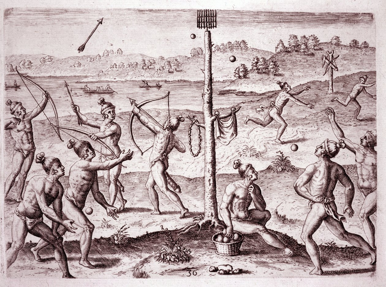 Indianer som övar att springa, skjuta pilar och kasta boll, Florida (gravyr av Theodore de Bry