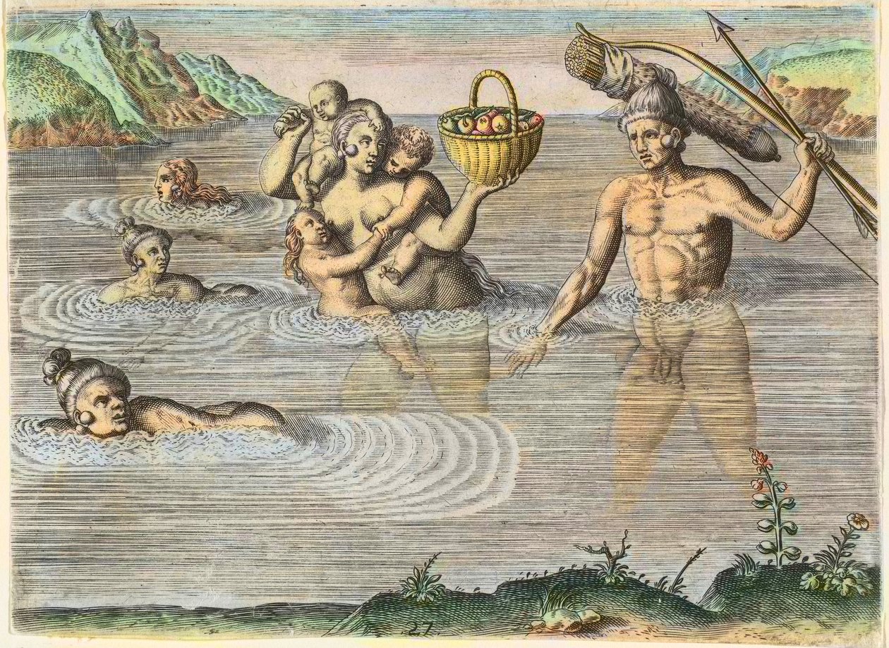 Infödda i Florida: en familj som simmar från en ö till en annan. Från "" Americae,"" del II av Theodore de Bry