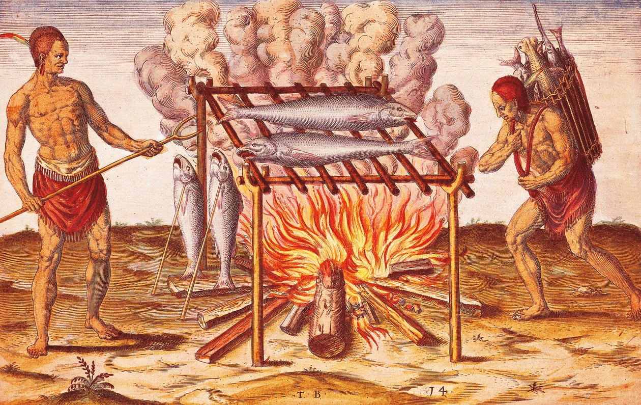 Natives lives: How Indians Cook Fish, Illustration från Admiranda Narratio av Theodore De Bry av Theodore de Bry