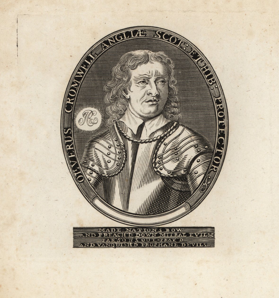Ovalt porträtt av Oliver Cromwell, Lord Protector. av Theodore de Bry