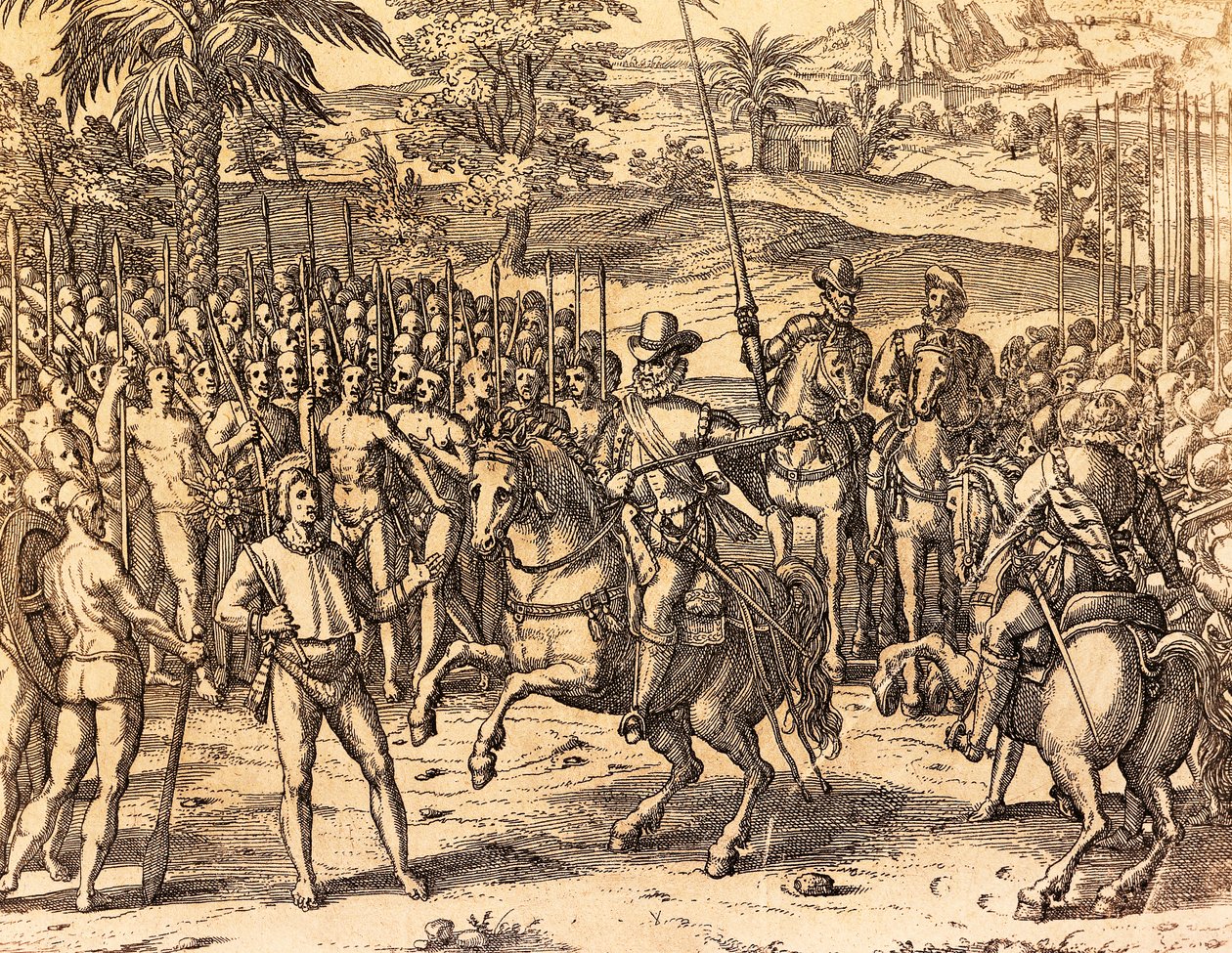 Pizarro som välkomnas av de infödda, Illustration från amerikansk historia av Theodore de Bry av Theodore de Bry