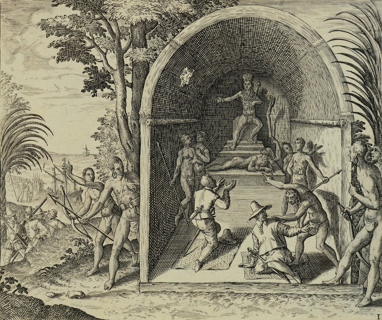 Portugisiska sjöfarare som anländer till Etiopien, Illustration från Ostindien av Antonio Pigafetta, av Theodore de Bry av Theodore de Bry
