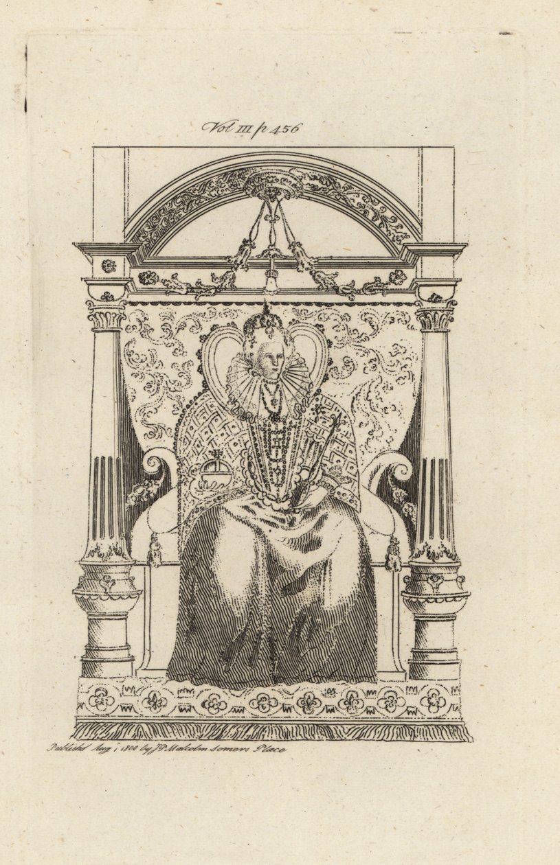 Drottning Elizabeth I av England från ett målat glasfönster. av Theodore de Bry