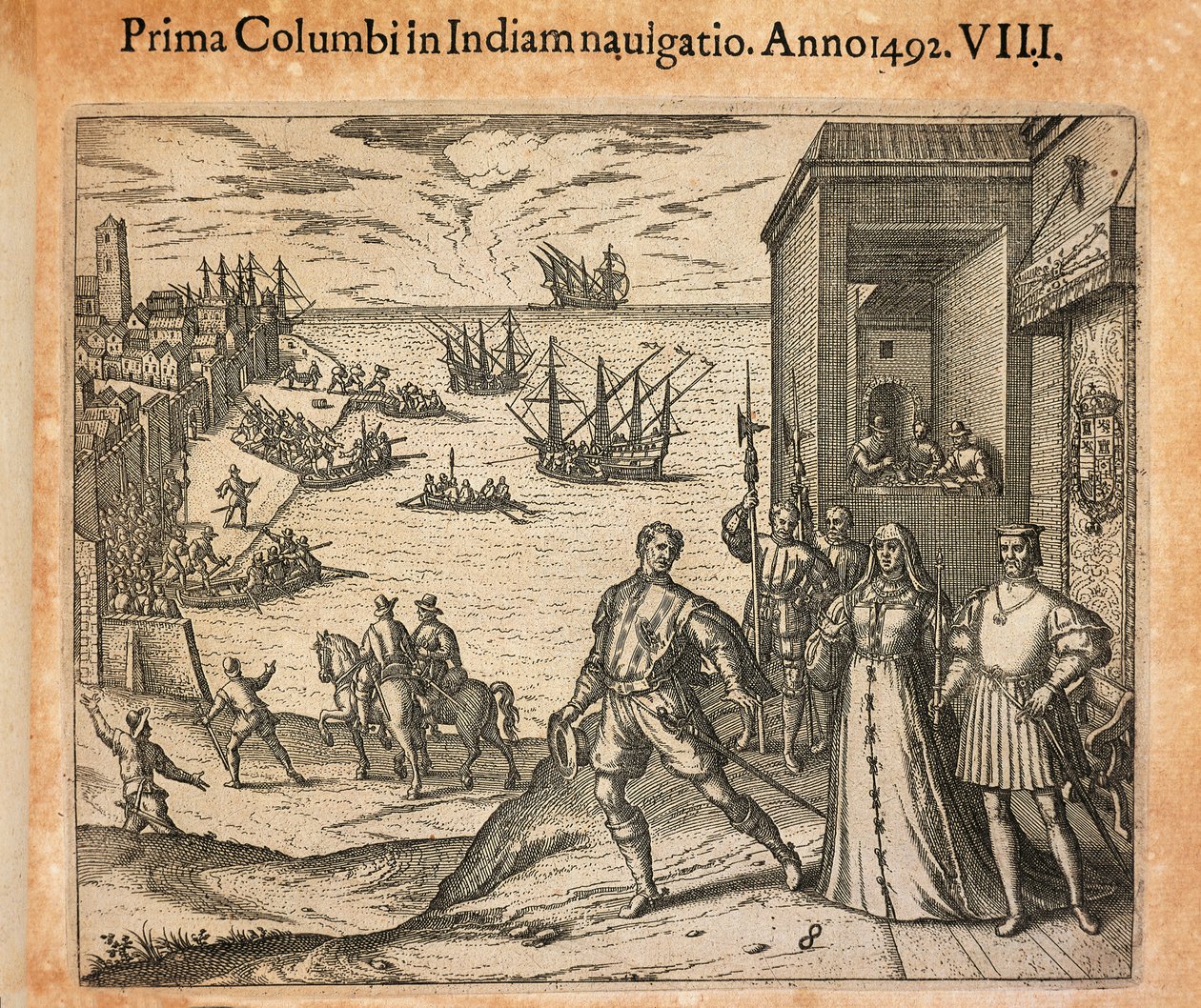 Drottning Isabel och kung Ferdinand hälsar Christopher Columbus avgång i Palos, Spanien, gravyr av Theodor de Bry (1528-1598) av Theodore de Bry