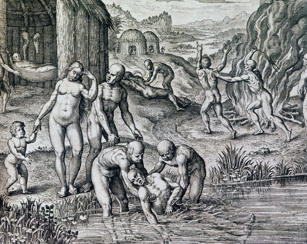 Läkemedel som används av infödda mot sjukdomar, gravyr från Historia America, av Theodor de Bry (1528-1598), Frankfurt av Theodore de Bry