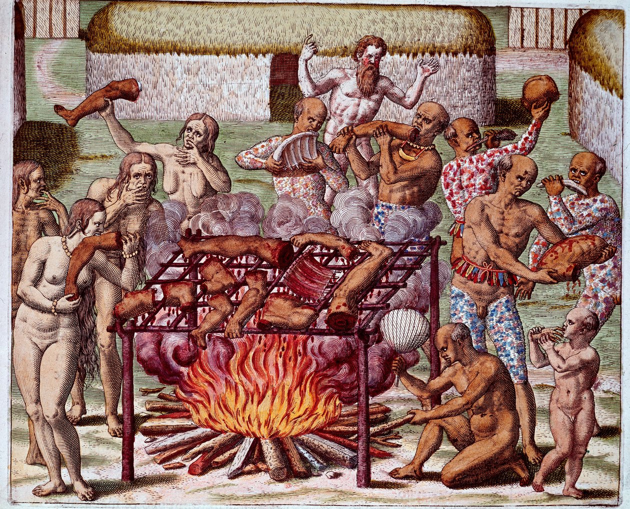 Scen för kannibalism i Brasilien Indianerna slukade sina fiender och fångar. Gravyr från "Admirante Narratio Americae"" av Theodore de Bry (1528-1598) av Theodore de Bry