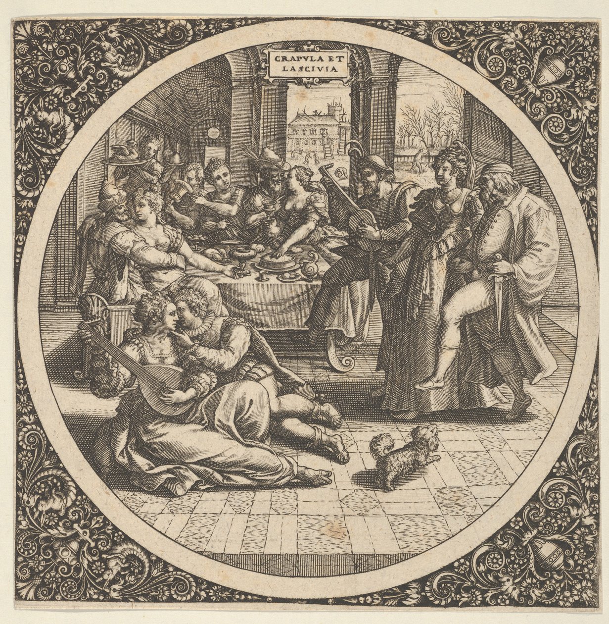 Scen med galanter vid en bankett i en cirkel i centrum, 1580-1600. av Theodore de Bry