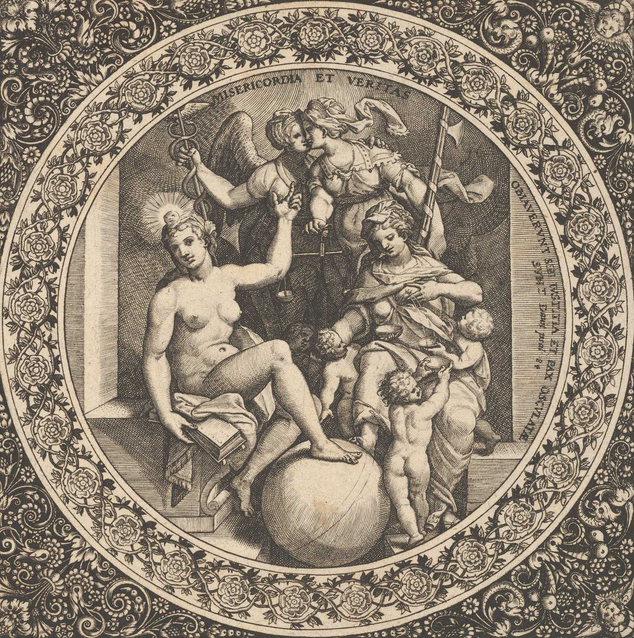 Scen med Misericordia och Veritas i en cirkel i centrum, 1580-1600. av Theodore de Bry