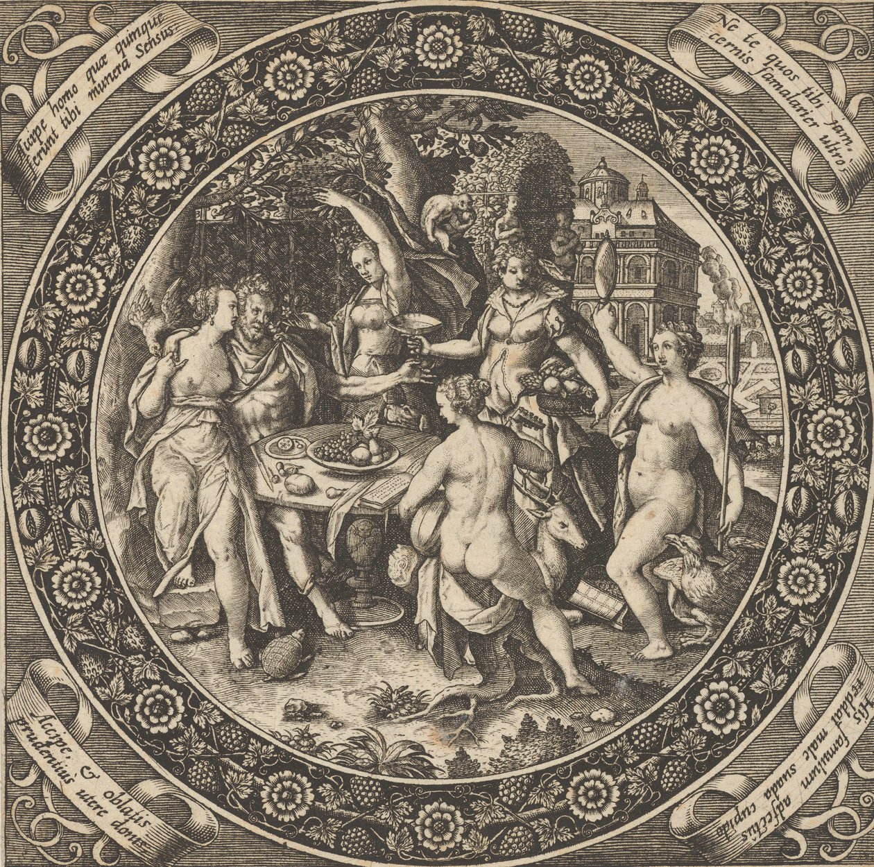 Scen med en kärleksfest i en cirkel i centrum, 1580-1600. av Theodore de Bry