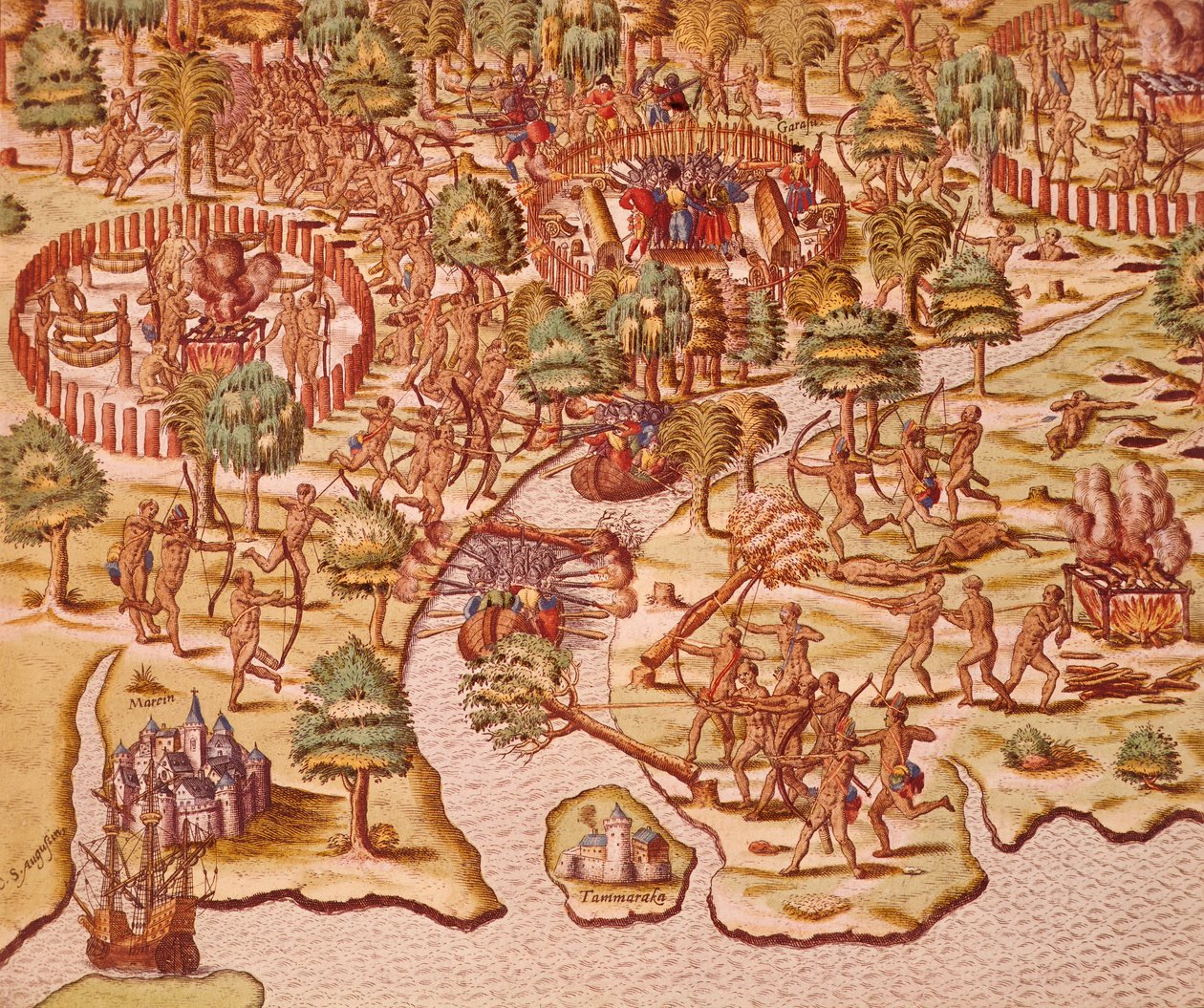 Belägrings- och attacktaktik i sammandrabbningar mellan infödda och erövrare av Theodore de Bry