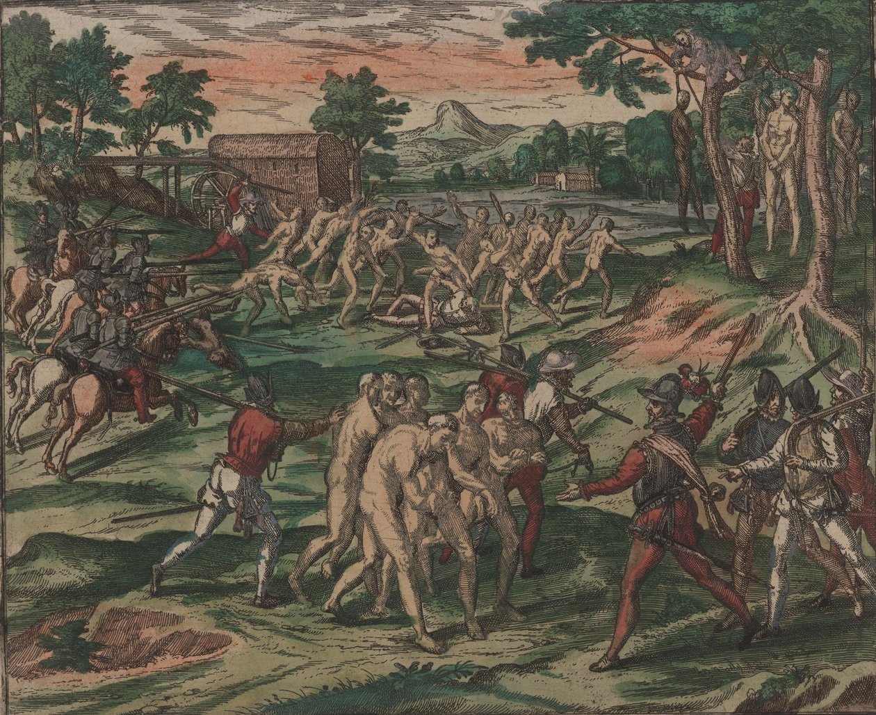 Slavar försöker övervinna sina spanska ägare, men fångas och hängs från träd, 1595. av Theodore de Bry