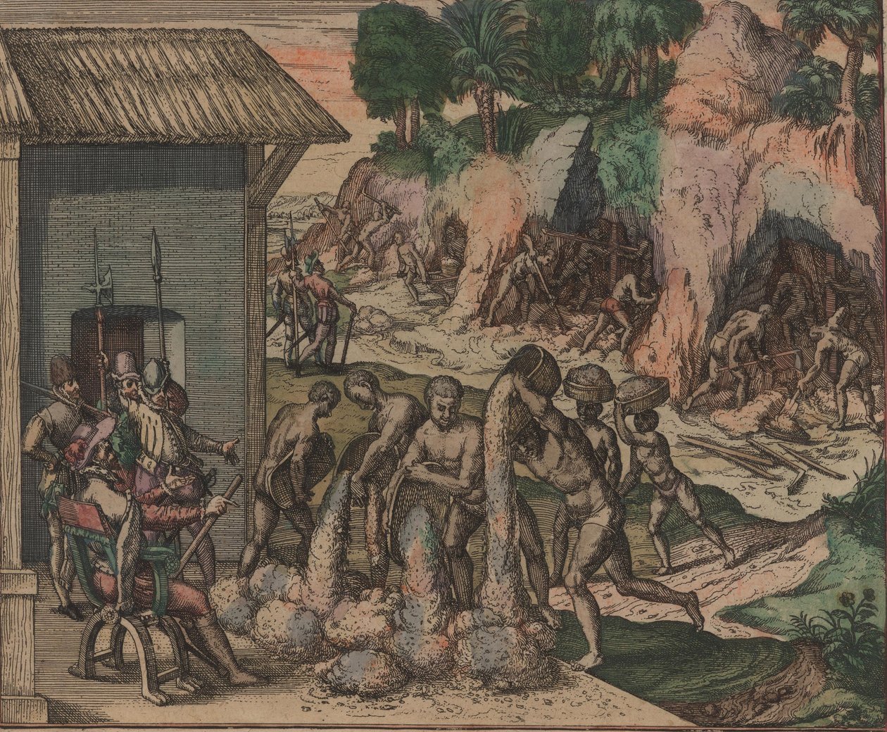 Slavar häller malm framför europeiska soldater. I bakgrunden arbetar slavar i gruvorna, 1595. av Theodore de Bry