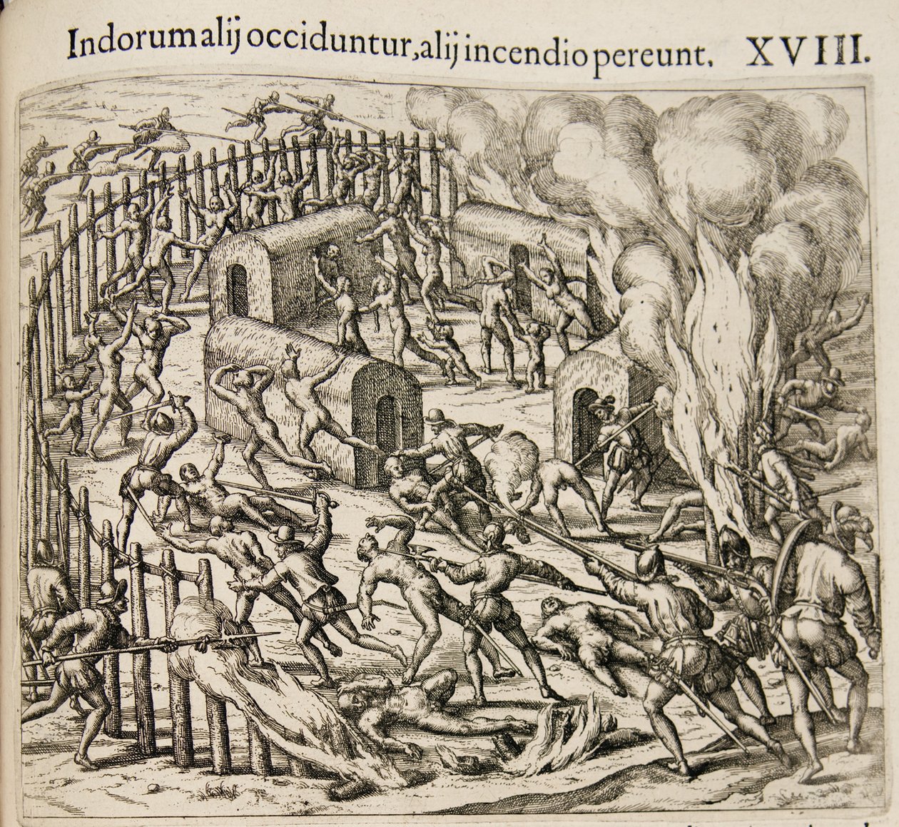 Vissa indianer dödas, några omkommer i en brand. Från: Americae pars qvarta av Theodore de Bry