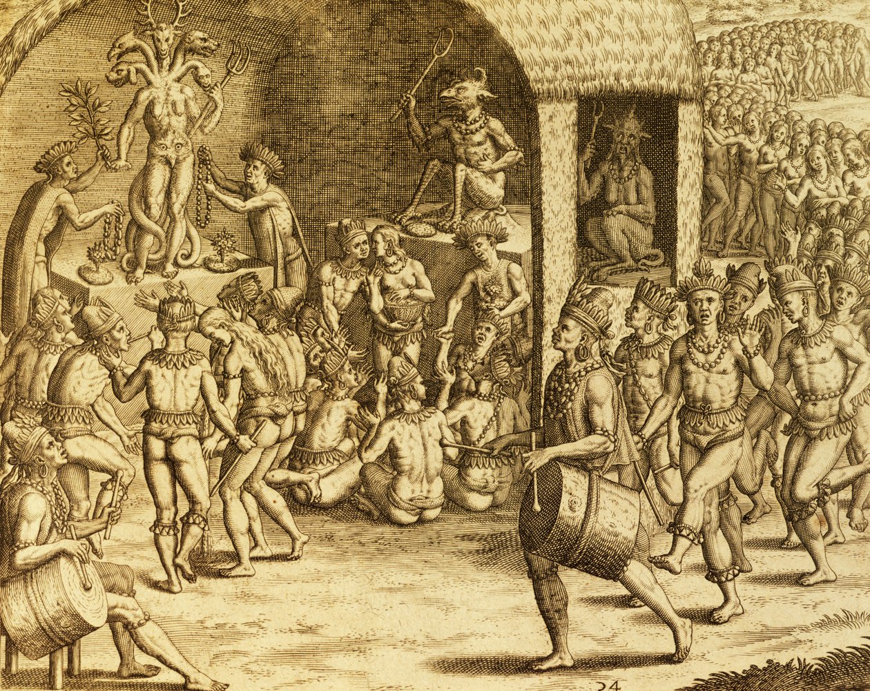Sydamerikansk inhemsk religiös rit, gravyr från Historia americae, av Theodor de Bry (1528-1598), Frankfurt av Theodore de Bry