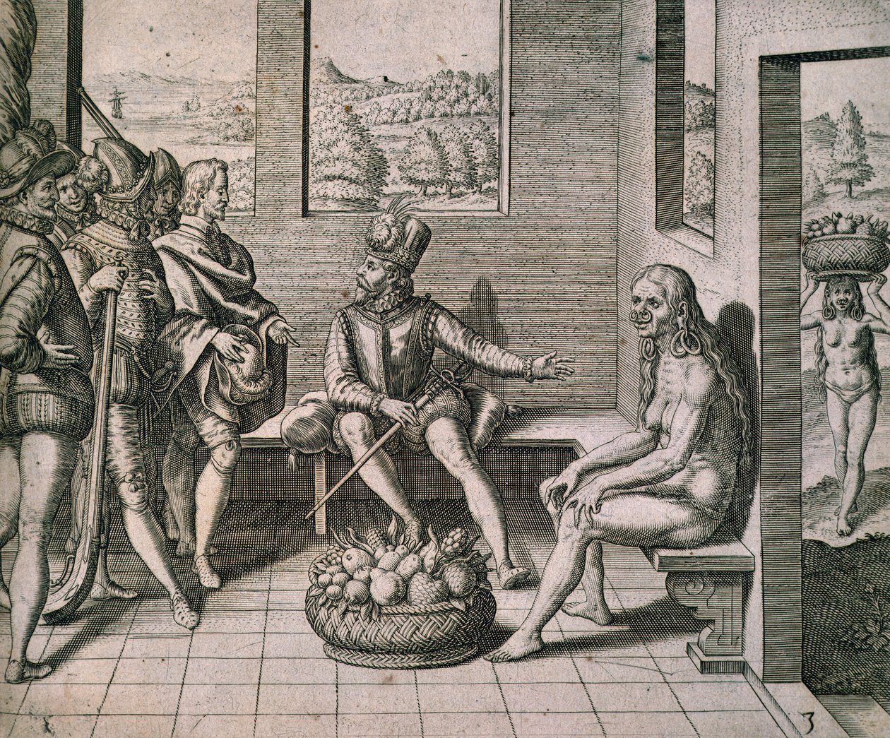 Spanska erövrare som möter infödda kvinnor i Amerika, av Theodore de Bry av Theodore de Bry
