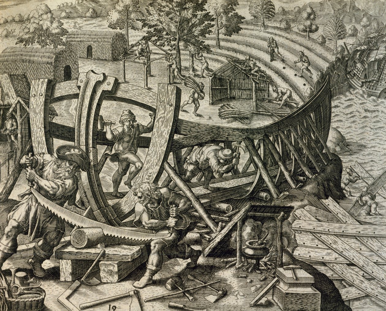 Spanska sjömän bygger karavel, gravyr från Historia Americae, av Theodor de Bry (1528-1598) av Theodore de Bry