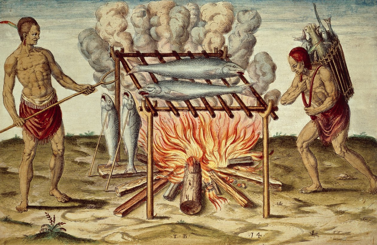 Taino-invånare som lagar fisk, färggravyr av Theodor de Bry (1528-1598) efter en målning av John White, från Brief and true report of new found land of Virginia. av Theodore de Bry