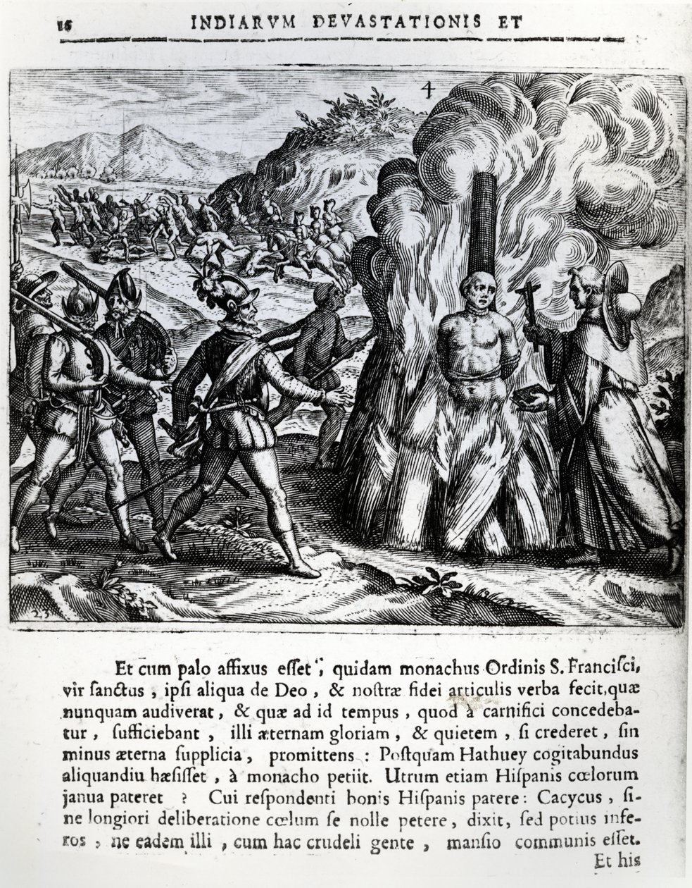 Spanjorernas bränning av Hatuey i Yara, Kuba, den 2 februari 1512, 1664 av Theodore de Bry