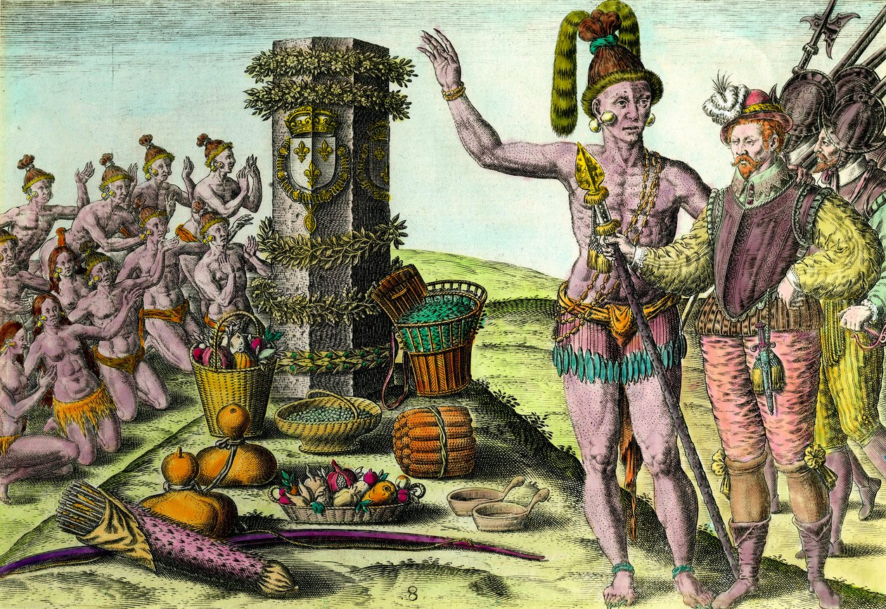 Floridianerna kom kolumnen erigee av den franske navigatören Jean Ribault (1520-1565) av den första expeditionen till Florida gravyr från "History of America" av Theodore De Bry (1528-1598) 1500-talets privatsamling av Theodore de Bry