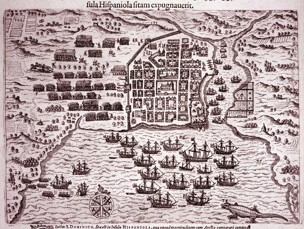 Francis Drake-flottan ockuperar ön Santo Domingo (gravyr av Theodore de Bry
