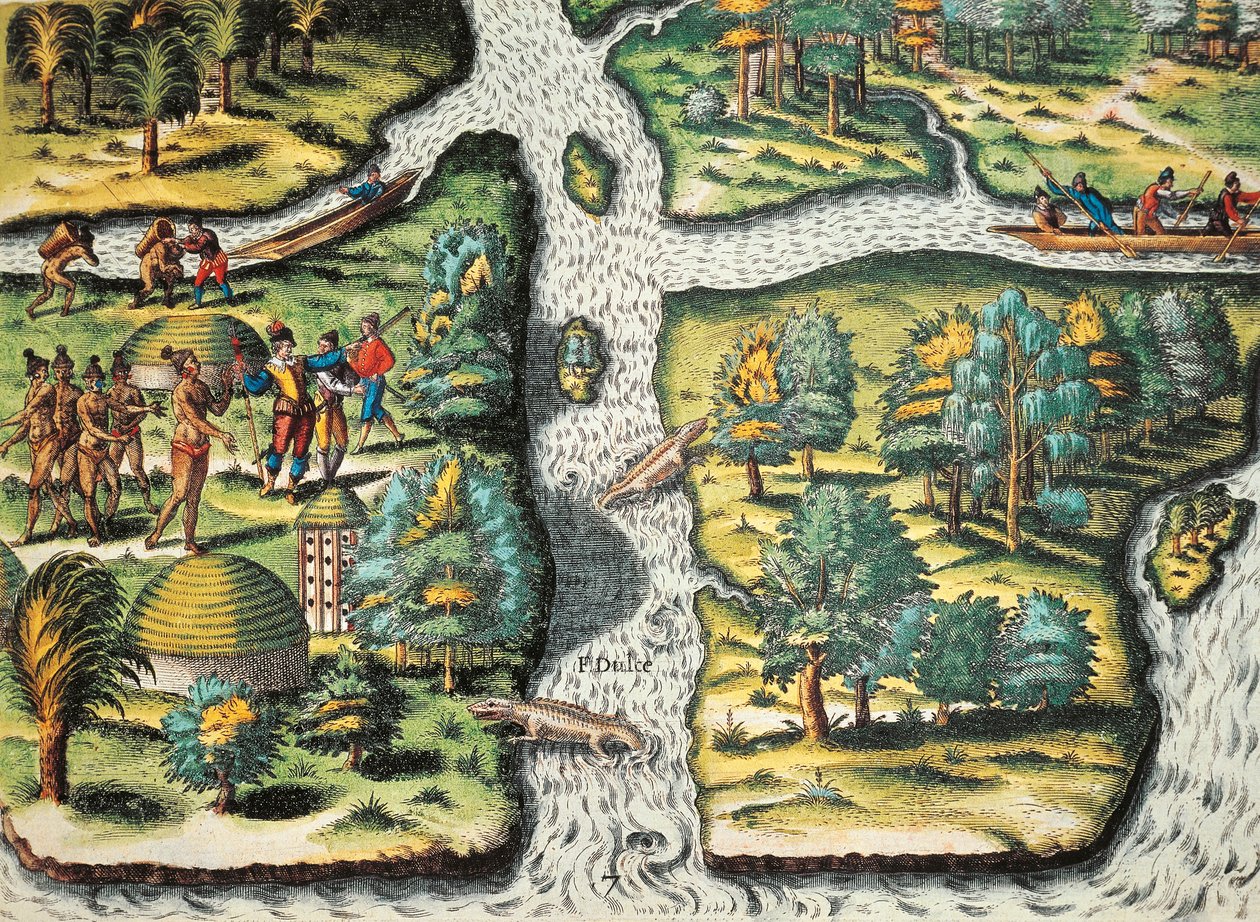 Fransmännen hjälper de infödda att få mat av Theodore de Bry