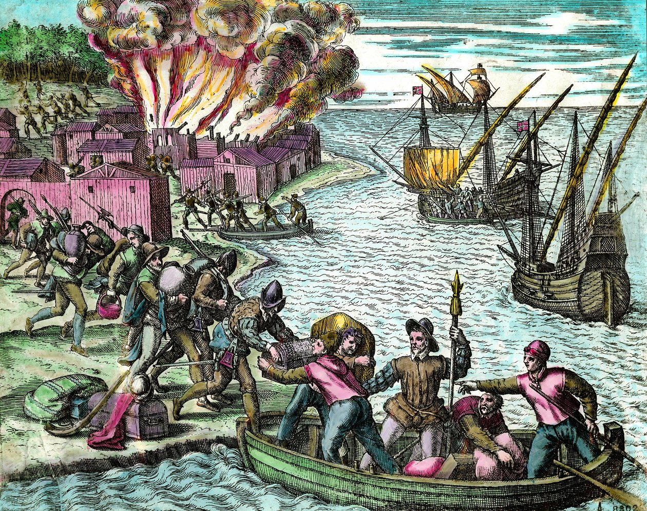 Fransmännen plundrar och bränner staden Chioreran Gravyr från "History of America"" av Theodore de Bry (1528-1598) Privatsamling från 1500-talet av Theodore de Bry