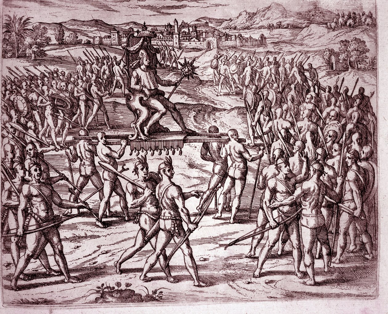 Inka-kungen, Atahualpa (eller Atabaliba), som håller en spira i form av en sol, bärs på en kull för att möta Francisco Pizarro (gravyr av Theodore de Bry