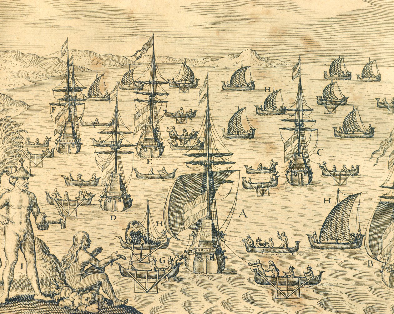 Tjuvarnas ö, gravyr från amerikansk historia av Theodore de Bry, Nordamerika 1600-talet. av Theodore de Bry