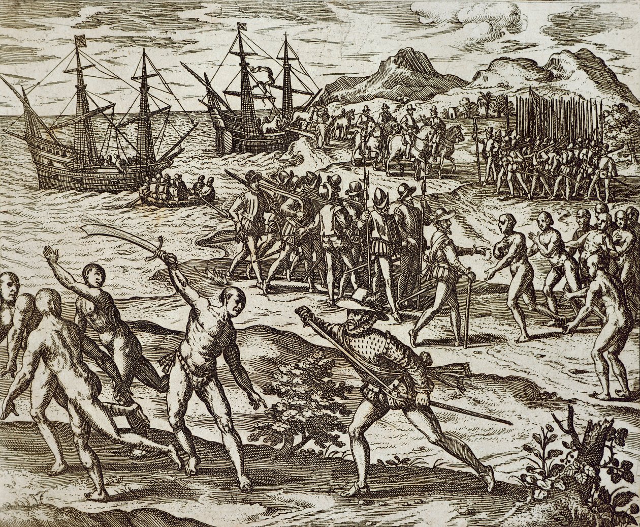 Spanjorna i Amerika, av Theodore De Bry, gravyr av Theodore de Bry