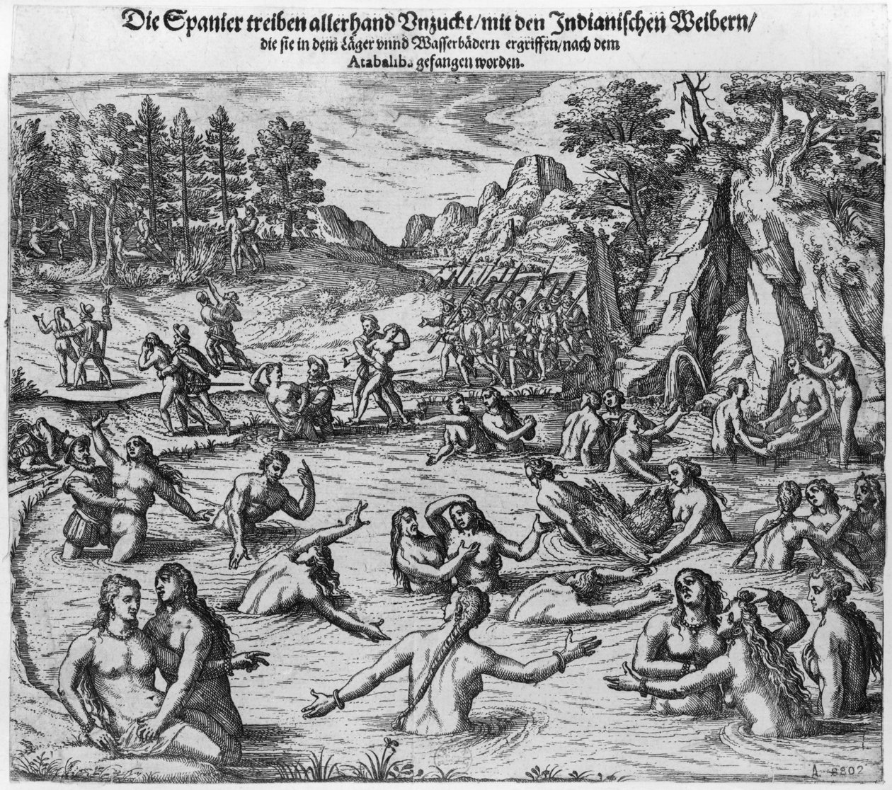 Spanjorerna misshandlade de indiska kvinnorna efter tillfångatagandet av kung Atahualpa (ca 1502-33) 1532 av Theodore de Bry