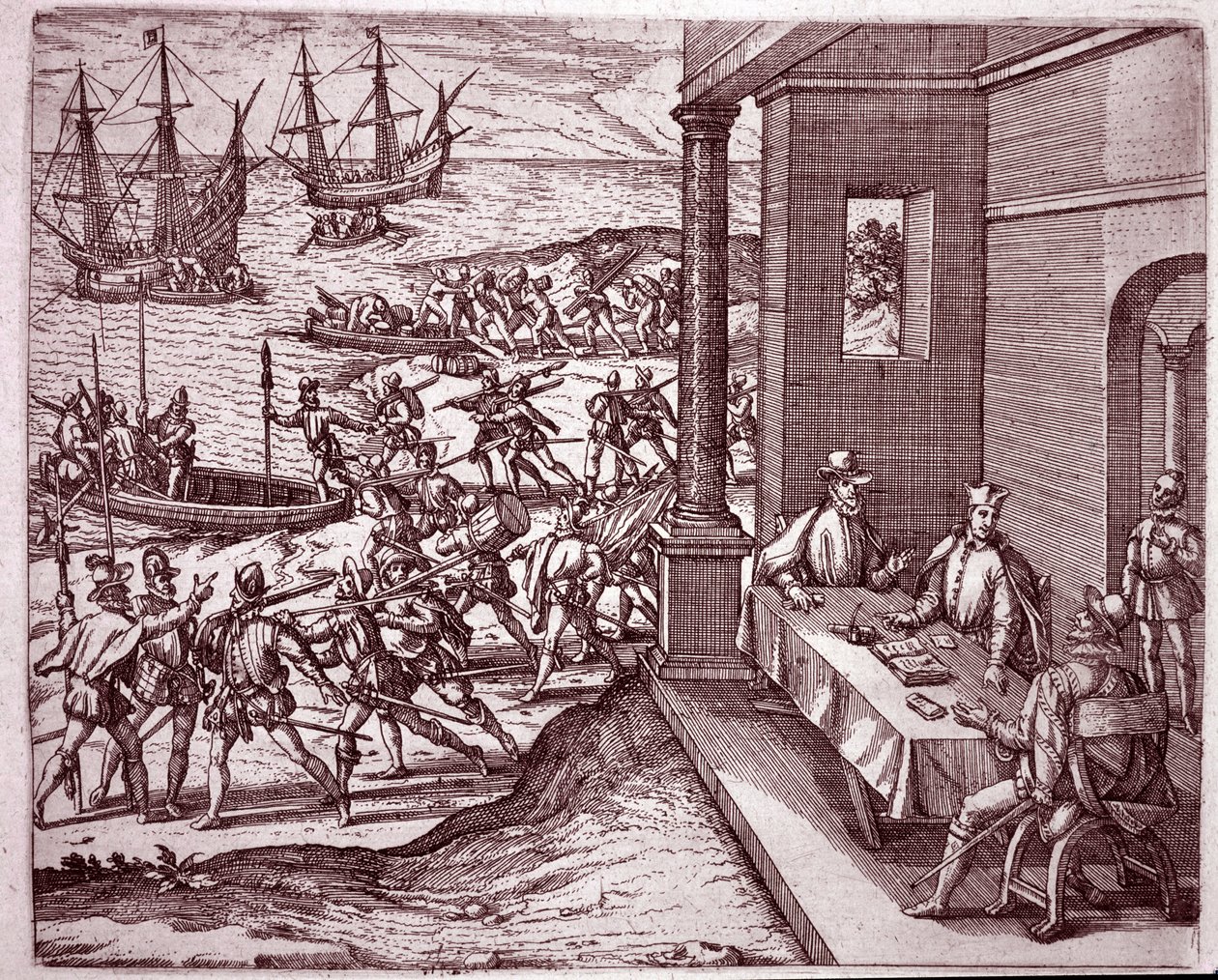 De spanska conquistadorerna Francisco Pizarro, Diego de Almagro och Hernando de Luque slog sig samman för att erövra Peru (gravyr av Theodore de Bry