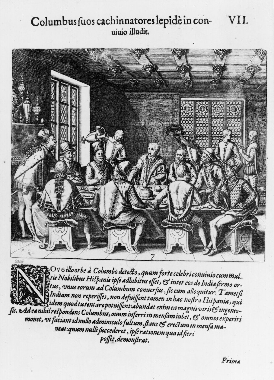 Historien om Christopher Columbus ägg (1450-1506) 1585-88 (gravyr) (bw foto) av Theodore de Bry