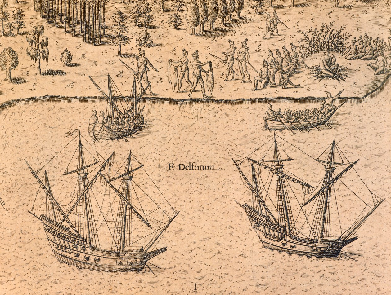 Ankomsten av franska fartyg till Florida av Theodore de Bry