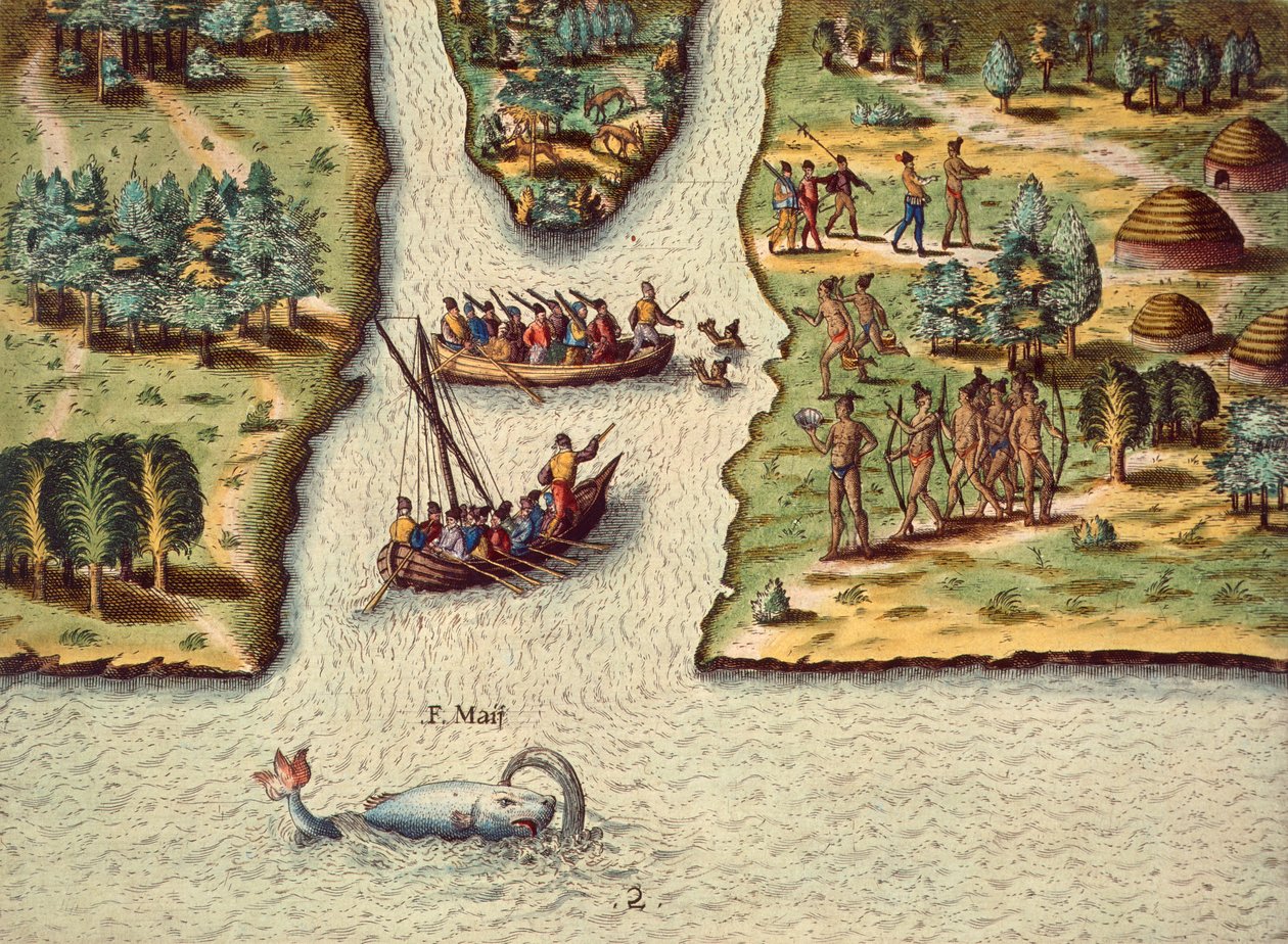 Kuwasili kwa Mfaransa, kuchongwa na Theodore de Bry (1528-1598), kutoka The Discourse of Florida.swed av Theodore de Bry