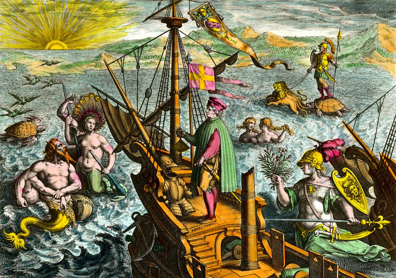 Båten av den italienske navigatören Amerigo Vespucci (1454 - 1512) av Theodore de Bry
