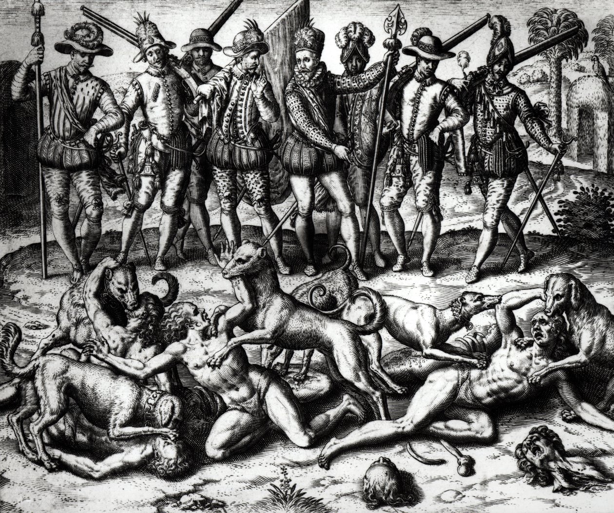 Hundarna av Vasco Nunez de Balboa (1475-1571) attackerar indianerna av Theodore de Bry