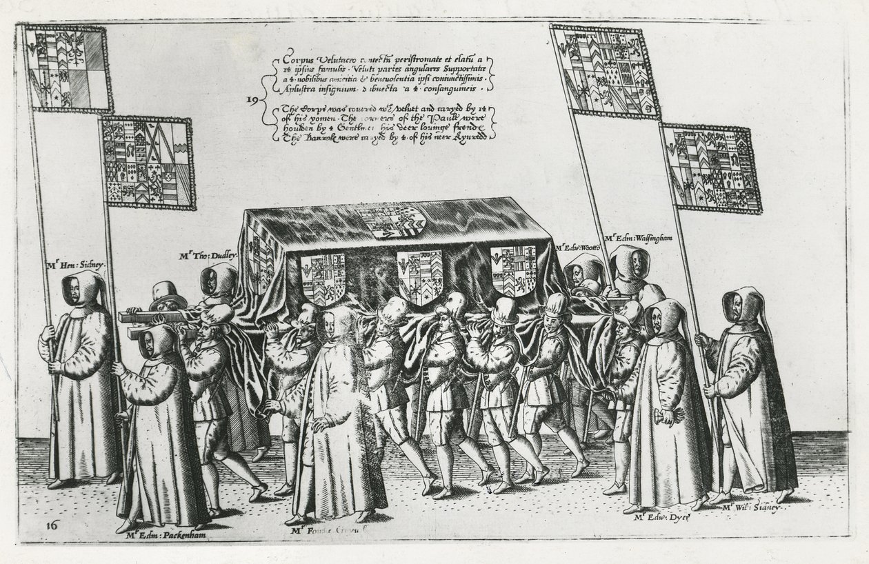 Sir Philip Sidneys begravningscortege på väg till St. Pauls Cathedral, 1587 av Theodore de Bry