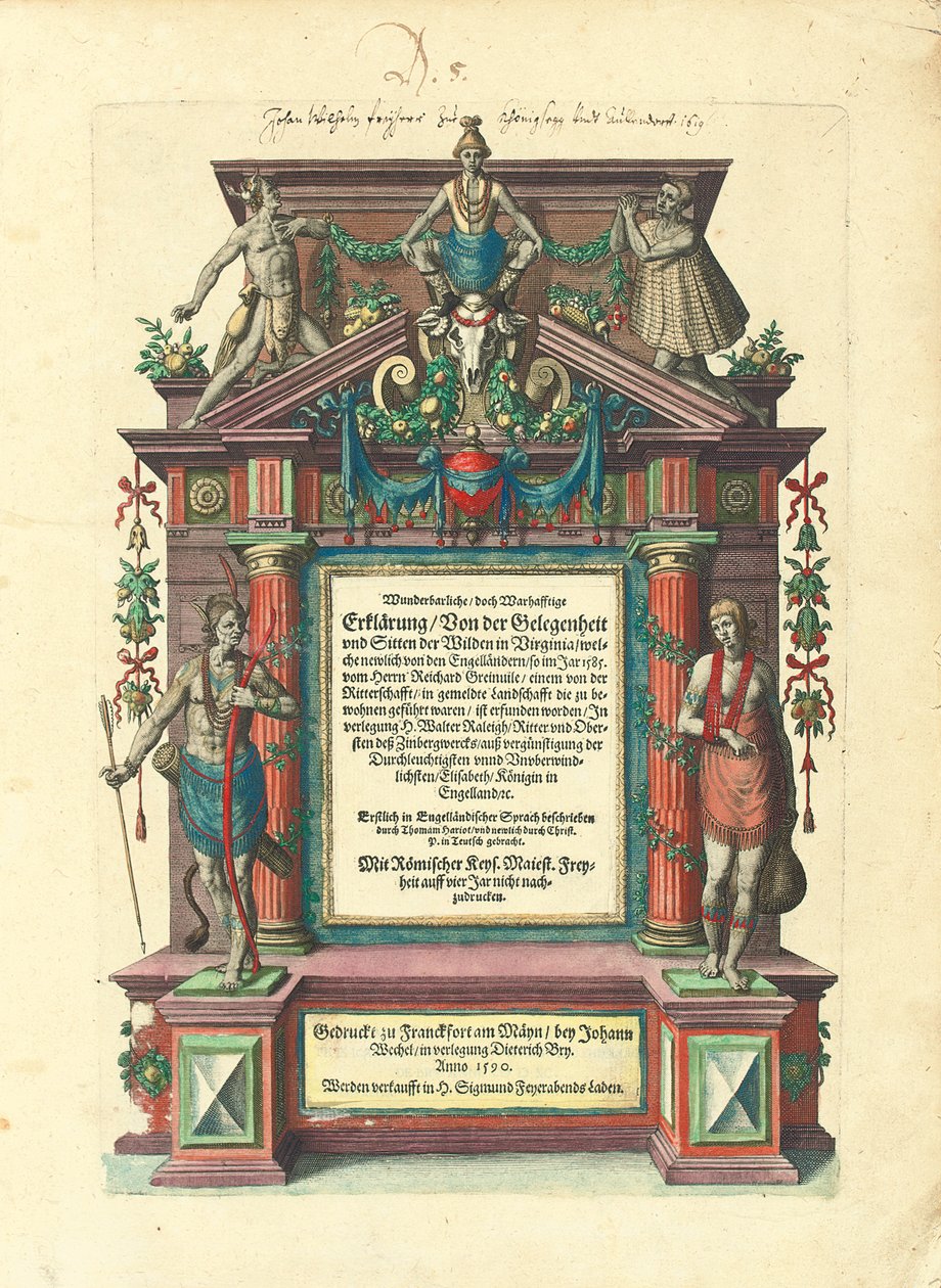 Titelsidan för den första upplagan på tyska av den första delen av "Great Voyages: America", 1590 av Theodore de Bry