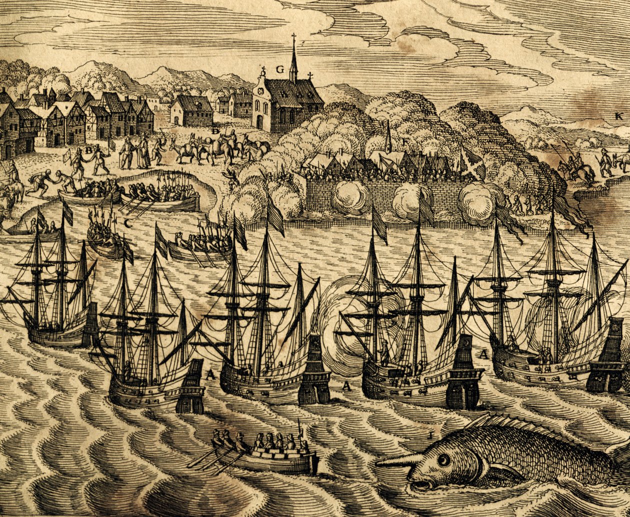 Vy över hamnen i Acapulco i Mexiko, gravyr från Historia Americae, av Theodor de Bry (1528-1598), Frankfurt av Theodore de Bry