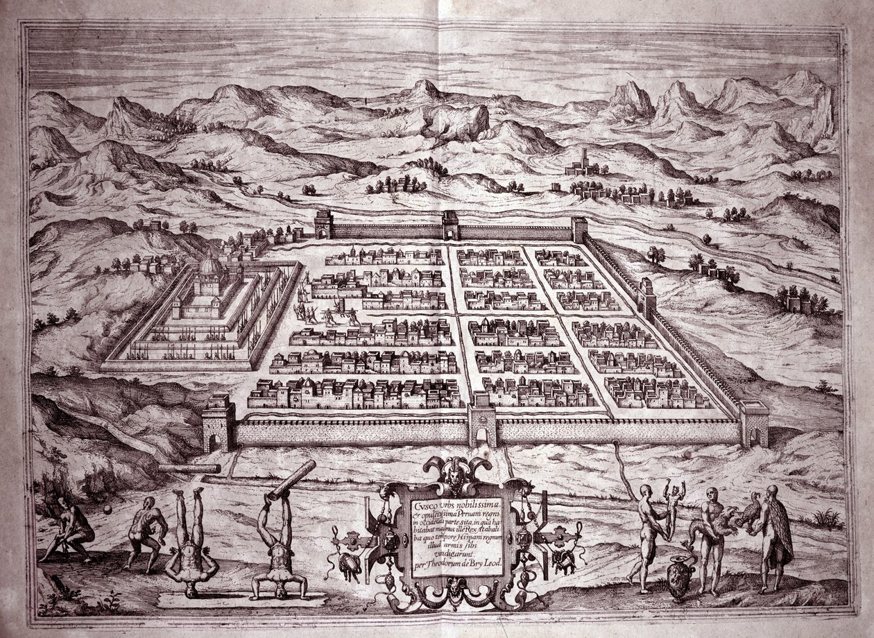 Utsikt över inkastaden Cuzco, Peru (gravyr av Theodore de Bry