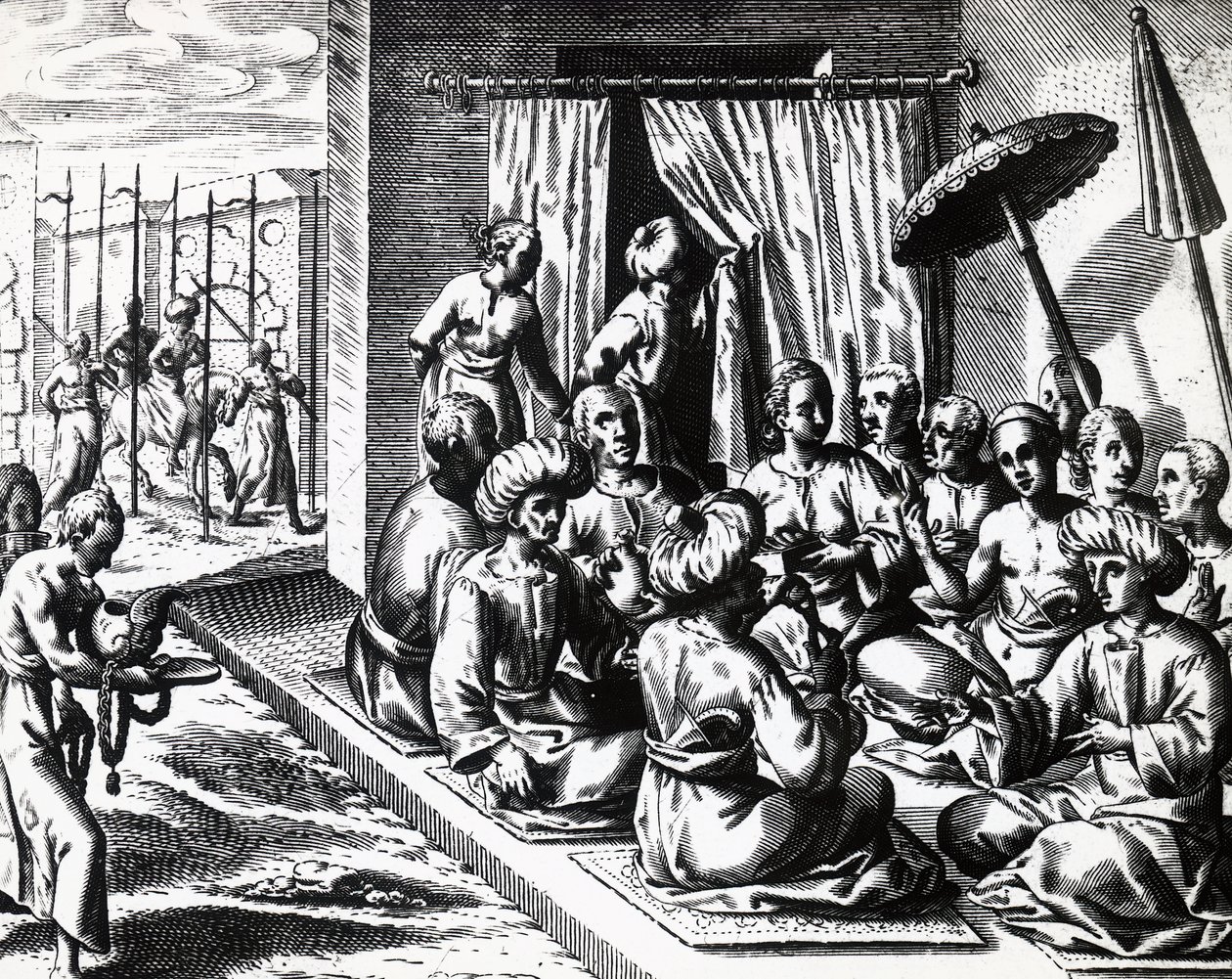 Bröllopsceremoni i Bantam, Java Island, av Theodor de Bry (1528-1598). gravyr av Theodore de Bry